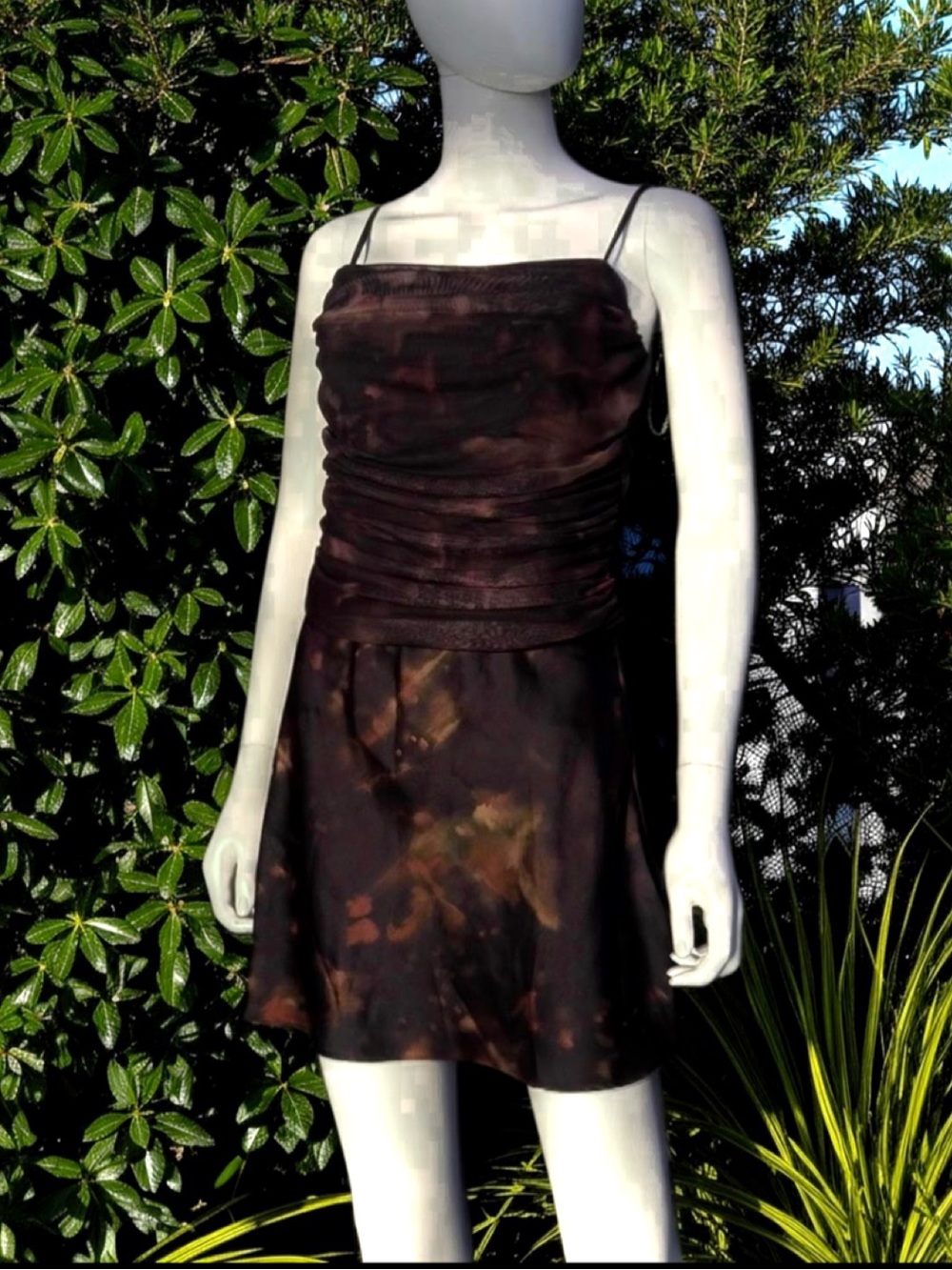 Gianni Bini Ruched Mesh Camisole & Mini Skirt Set Fire Tie Dye Print Small
